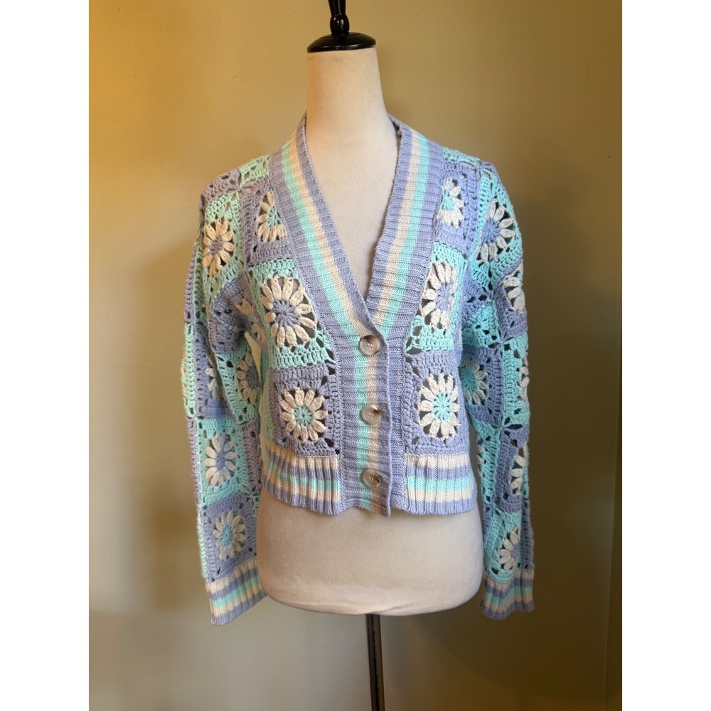 Pink Lily Daisy Crochet Patchwork Cardigan Pastel Floral Knit Sweater cottage M